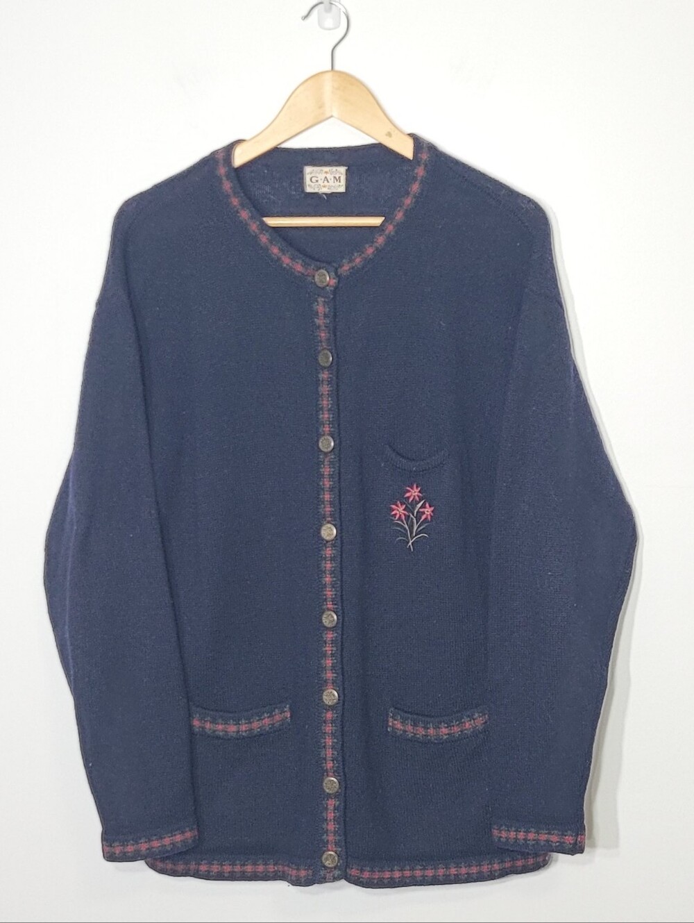 Vintage Navy Blue Wool Embroidered Burgundy Flowers Detailed Buttons Cardigan